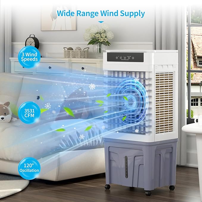 TABU 3531CFM Evaporative Air Cooler, 3-in-1 Portable Swamp Cooler with 11.9-Gal Water Tank, Cooling,Fan & Humidifier,120° Oscillation,3 Wind Speeds,7.5H-Timer,Remote Control,Ice Packs,Grey - Image 4