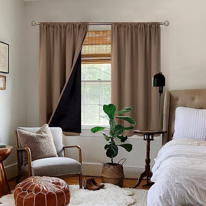 BGment Thermal Insulated 100% Blackout Curtains for Bedroom with Black Liner, Double Layer Full Room Darkening Noise Reducing Rod Pocket Curtain (52 x 54 Inch, Taupe, 2 Panels) - Image 2