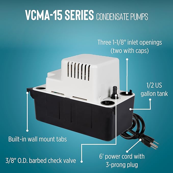 Little Giant VCMA-15ULT 115 Volt, 65 GPH, 1/50 HP Automatic Condensate Removal Pump with Tubing (no safety switch), Black/White, 554411 - Image 3