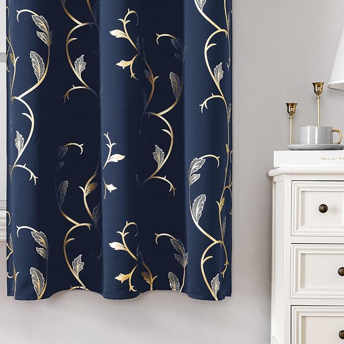BUHUA Blackout Curtains 108 Inches Long, Gold Foil Print Pattern Room Darkening Curtain, Living Room Curtains & Drapes, Thermal Insulated Window Panel Set, 52 x 108 Inch, Navy Blue - Image 3