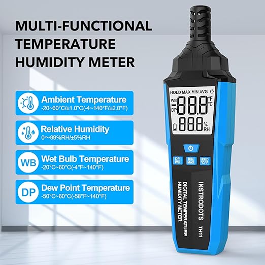 Temperature Humidity Meter, High Precision Digital Hygrometer with Ambient, Dew Point, Wet Bulb Temperature for Indoor Outdoor, Thermometer with Min/Max, Data Hold, LCD Backlight, TH11 - Image 2