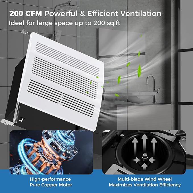 COSTWAY 200 CFM Bathroom Exhaust Fan, Ceiling Mount Exhaust Ventilation Fan for 200 Sq.Ft, Household Bath Vent Fan w/Metal Housing, 6 Inches Duct, 2 Sones Quiet Operation, White - Image 3