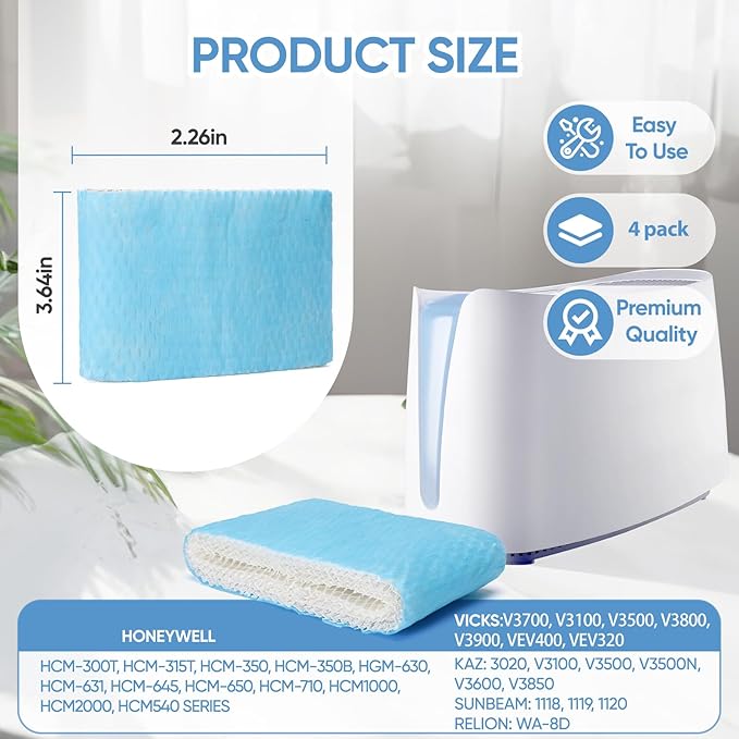 4 Pack HAC-504 Humidifier Wicking Filter Replacement Compatible with Honeywell HCM-350,HCM-300T, HCM-600, HCM-710, HCM-315T,HAC-504 and HAC-504AW Cool Mist Humidifiers Blue - Image 2