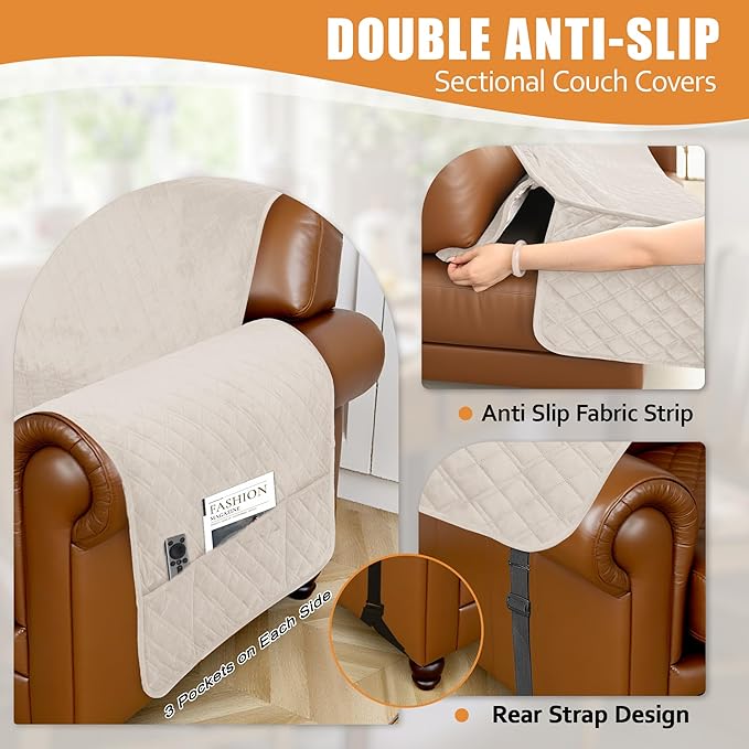 Arfntevss Waterproof Sectional Couch Covers L Shape Washable Velvet Sofa Cover for Sectional Non Slip Large Corner Slipcovers Dog 6 Pcs Universal U Shaped Furniture Protector (Beige, Large) - Image 4