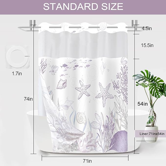No Hook Shower Curtain with Snap in Liner, Beach Ocean Nautical Coastal Shower Curtains and Liner Set for Bathroom, Seashell Hotel Fabric Bath Curtain, Waterproof Washable, Purple 71" x 74" - Image 7