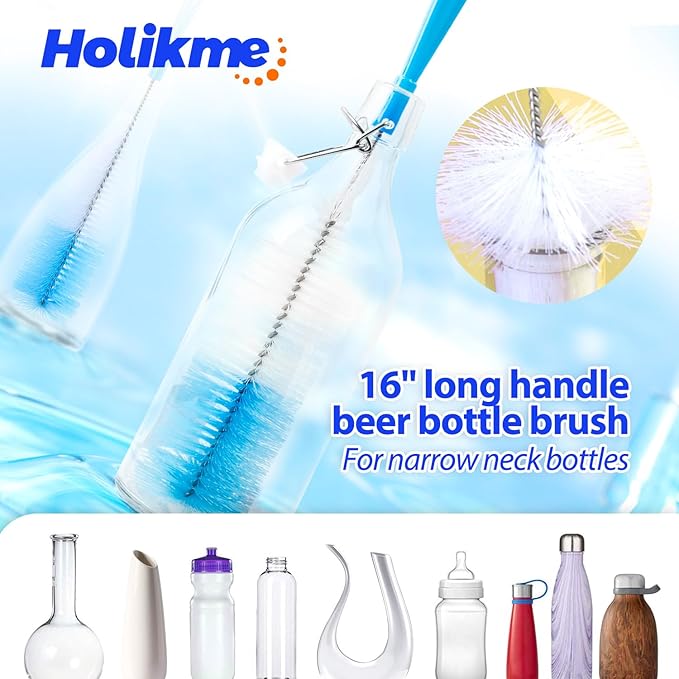 Holikme Bottle Brush Tube Cleaning Lab Set with Long Handle, Cup Cleaner for Washing Narrow Neck Beer Wine Decanter Pipes Lids Sinks Cap Covers, White - Image 3