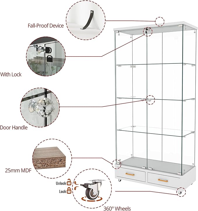 Yoluckea 4 Tier Glass Display Cabinet with LED Lighting and 2 Drawers, 2 Doors Floor Standing Curio Cabinet with Wheel for Home, Office, Corner Display, White Glass Bookshelf for Collections and Decor - Image 5