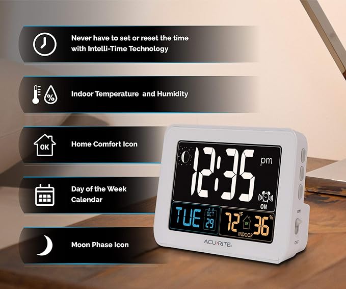AcuRite Intelli-Time Digital Alarm Clock for Bedroom with USB Charger, Indoor Temperature and Humidity for Heavy Sleepers (13040CA) - Image 2