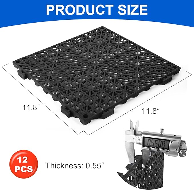 MYFAMIREA Modular Interlocking Cushion 12 Pack 11.8" x 11.8" Rubber Floor Tiles Non-Slip Splicing Drainage Mats for Deck, Pool, Outdoor Shower, Patio, Balcony, Indoor Bathroom, Kitchen, Yard (Black) - Image 2