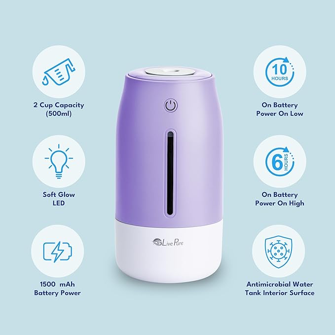 LivePure Cool Mist Humidifiers for Bedroom. Small Humidifier for Babies, Nursery, Plants, Office. Ultrasonic Cool Mist Humidifier w/Quiet Operation, USB-C Rechargeable. Lavender - Image 4
