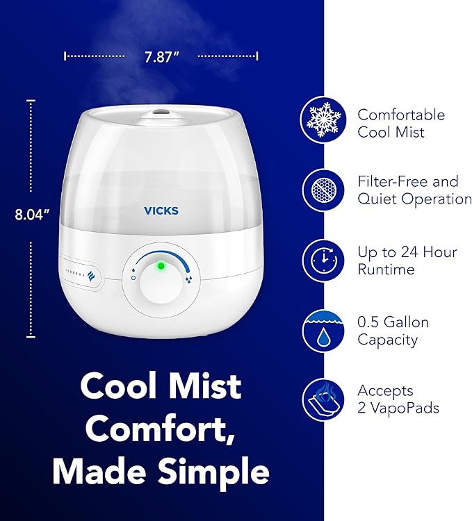 Vicks Mini Filter Free Cool Mist Humidifier, Small Room – Variable Mist Control – Works with Vicks VapoPads - Image 2
