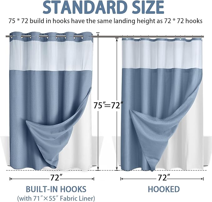 No Hook Shower Curtain and Liner Set,Sky Blue Hotel Waffle Shower Curtain with Liner 75" L x 72" W - Image 6
