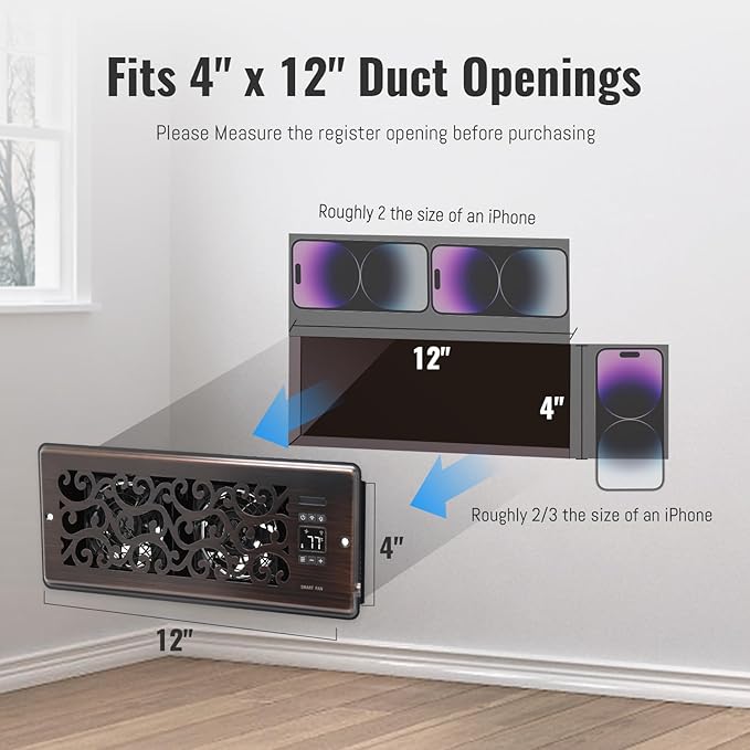 Register Booster Fan for 4" x 12" Register Holes, Quiet Vent Fan Booster with Intelligent Thermostat, Improves Heating Cooling, App Control, 10-Speeds, Charleston Smart Register Vent, ORB - Image 3