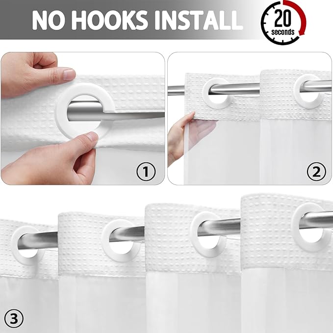 No Hook Shower Curtain and Liner Set,White Hotel Waffle Shower Curtain with Liner 75" L x 72" W - Image 2