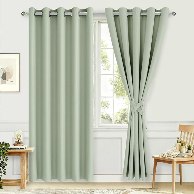 Hiasan Blackout Curtains for Bedroom, 60 x 84 Inches Long - Thermal Insulated & Light Blocking Window Curtains for Living Room/Kids Room, 2 Drape Panels Sewn with Tiebacks, Seafoam Green - Image 2