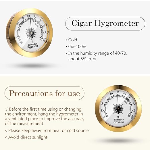 Frienda 2 Pcs Hydrometer 2 Inch Humidity Meter Cigar Humidor Hygrometers Round Cigar Hygrometer for Humidor Cabinet Cans(Gold) - Image 3