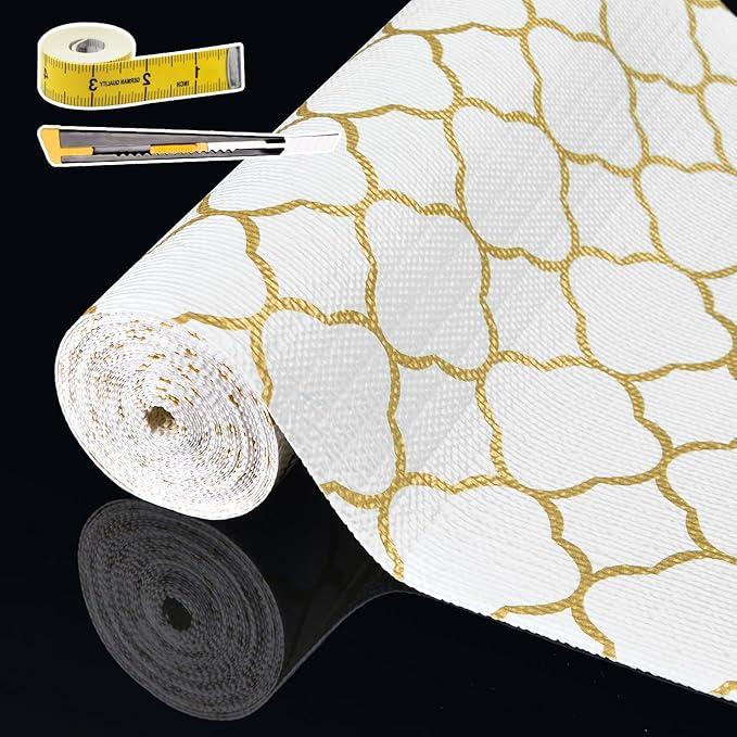 Shelf Liners for Kitchen Cabinets 17in x 20FT Non Adhesive Drawer Liner Gold Quatrefoil Thickened Shelf Liner Paper Strong Non-Slip Easy to Clean for Tool Box Refrigerator with Knife and Tape Measure by Adwann
