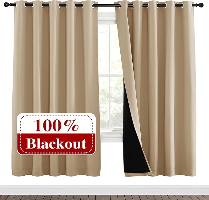 NICETOWN Living Room Completely Shaded Draperies, Privacy Protection & Noise Reducing Ring Top Drapes, Black Lined Insulated Window Treatment Curtain Panels(Biscotti Beige, 2 Pieces, W70 x L72) by NICETOWN