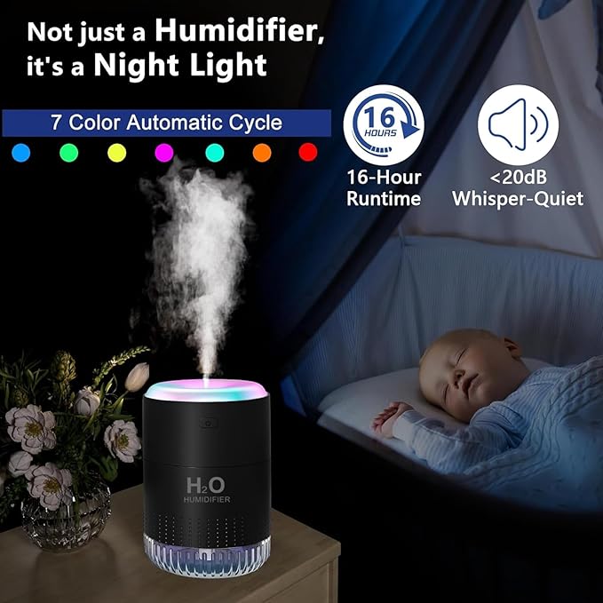 Colorful Mini Humidifier, USB Rechargeable Humidifier, small humidifier, 4 Modes Super Quiet, Humidifiers For Bedroom,Suitable For Travel Office Family Baby Bedroom-Black - Image 3