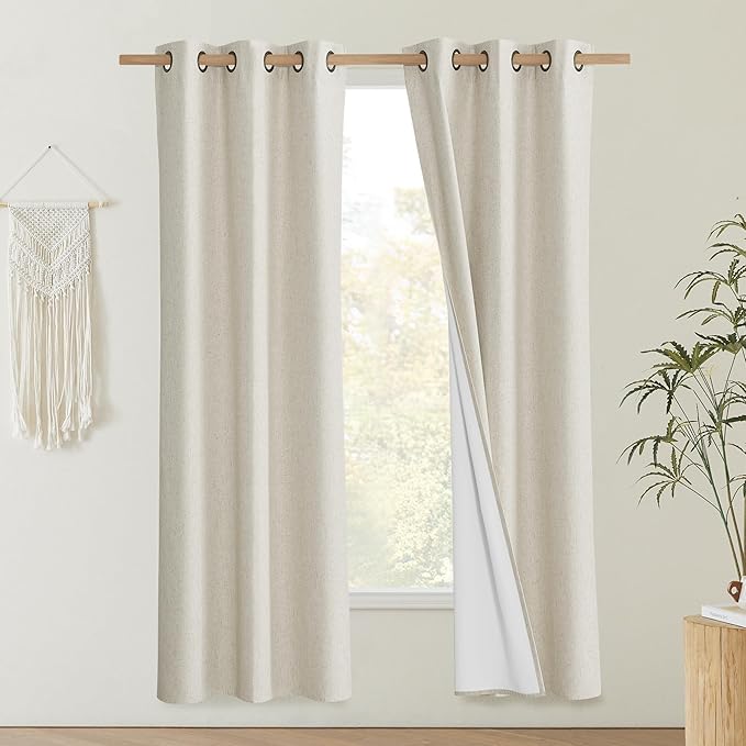NICETOWN Natural Bedroom Full Blackout Linen Curtain Panels Set of 2, 42" by 72", Thick Insulated Classic Grommet Blackout Draperies with White Thermal Insulated Liner for Windows - Image 2