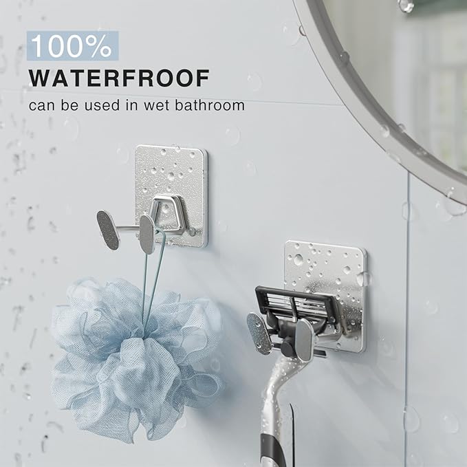 Adhesive Shower Hooks for Inside - Extra Sticky Stainless, Razor Holder Shower Accessories, Wall Mounted Self-Adhesive Double Hooks for Razor, Loofah, Towel, Shaver, Coat, Key, Silver, 4-Pack - Image 6