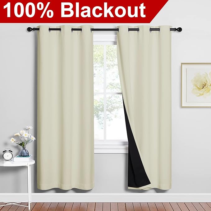 NICETOWN Living Room Completely Shaded Draperies, Privacy Protection & Noise Reducing Ring Top Drapes, Black Lined Insulated Window Treatment Curtain Panels (Beige, 2 Pieces, W42 x L72) - Image 2