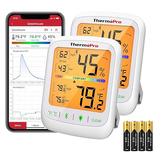 ThermoPro Bluetooth Hygrometer Thermometer, 260FT Wireless Remote Temp and Humidity Meter, with Large Backlit LCD, Data Storage and Export, Temperature and Humidity Monitor, Max Min Records, 2 Pack by ThermoPro
