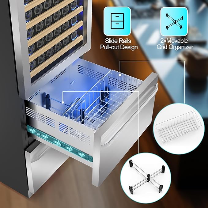 24 Inch Wine and Beverage Refrigerator, 2 IN 1 Dual Zone Drawer Beverage Fridge Wine Cooler, Built-in or Freestanding Beverage Cooler with Powerful Compressor, Holds 108 Bottles and 150 Cans - Image 4