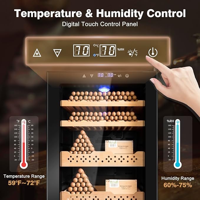 Electric Cooler Cabinet 70L with Temperature and Humidity Control, Spanish Cedar Wood Shelves and Safety Lock (490 Counts Capacity), Gift for Men - Image 2