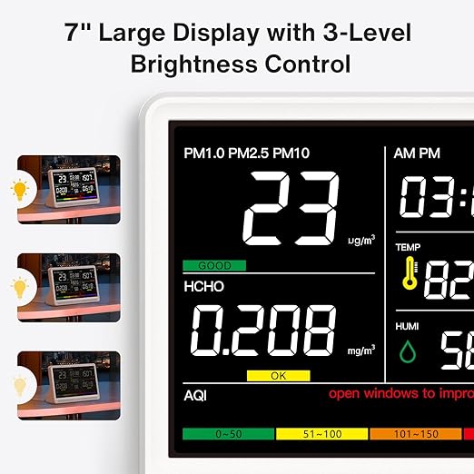 16 in 1 Air Quality Monitor Indoor 7" Display 9 AQI+7 AQI Alerts, CO2 Monitor Air Quality Tester for CO2, TVOC, PM2.5 PM1.0 PM10, HCHO Temperature Humidity AQI & Time Air Quality Meter for Home - Image 8