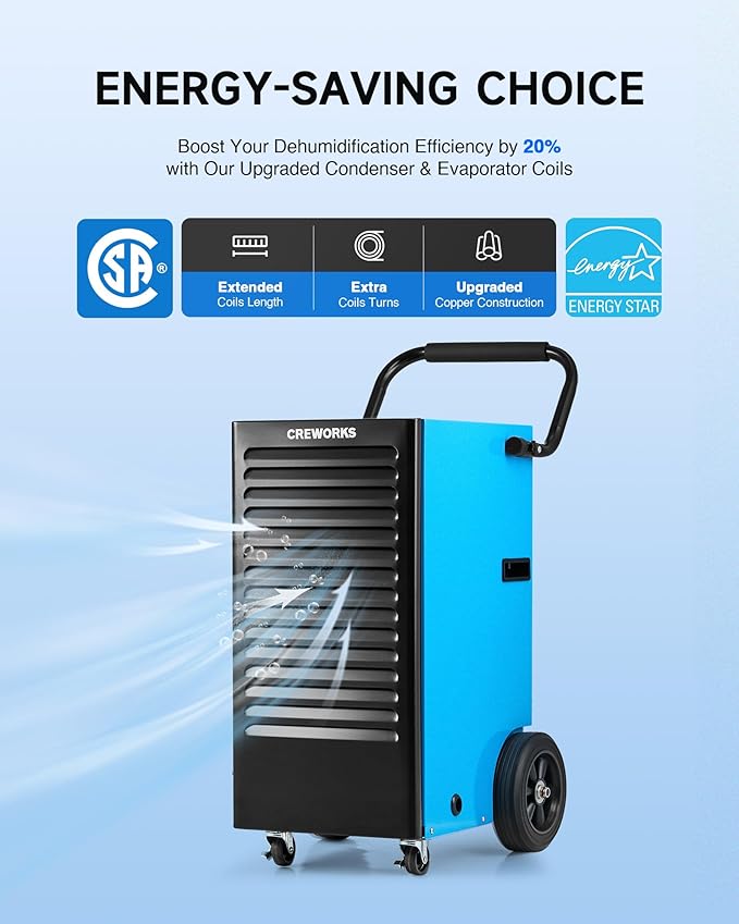 CREWORKS 180 PPD Commercial Dehumidifier, 180 Pint Dehumidifier for Basement with Wheels Drain Hose, Portable Professional Basement Dehumidification with Auto Defrost Display Panel - Image 3