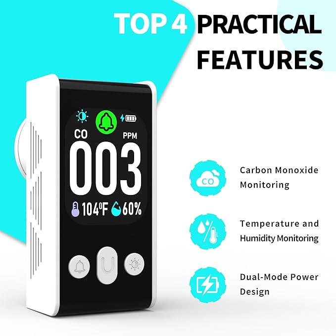 Protmex Carbon Monoxide Detector, 3-in-1 Plug-in CO Alarm with Temperature & Humidity Monitor, Smart Air Quality Monitor with Digital Display, Dual Alert, Back-Up Battery for Home, Bedroom, RV - Image 3