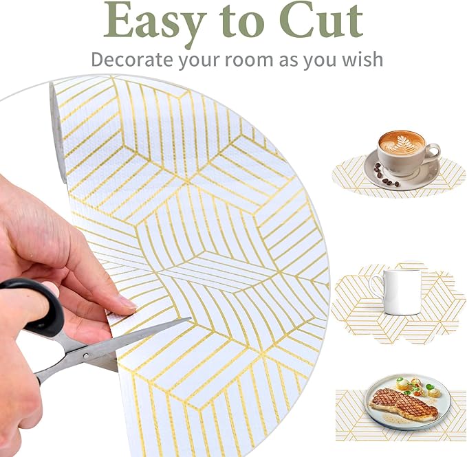 Shelf Liners for Kitchen Cabinets 17in x 40FT, Non Adhesive Cabinet Liner Strong Non-Slip Thickened Gold Geometric Drawer Liner, Easy to Clean for Shelf, Cabinet with Knife and Tape Measure - Image 7