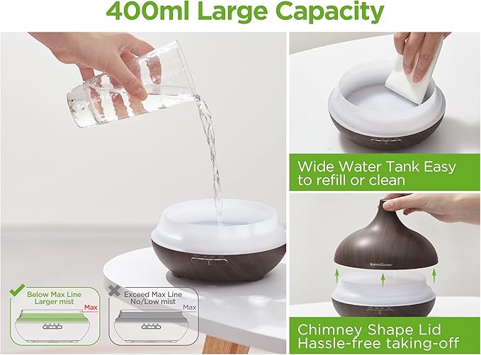 InnoGear Aromatherapy Diffuser & 10 Essential Oils Set, 400ml Diffuser Ultrasonic Diffuser Cool Mist Humidifier with 4 Timers 7 Colors Light Waterless Auto Off for Valentine's Gift, Dark Wood Grain - Image 8