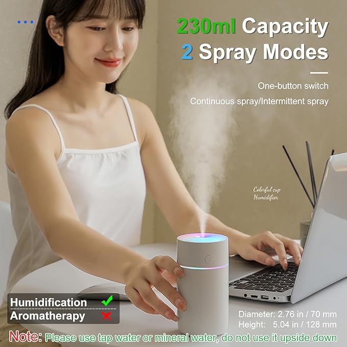 HODEMI Portable Mini Humidifier - Recharge Small Personal Desk Cold Mist Air Humidifier with Adjustable Colorful Atmosphere Light and 4/8 H Timer Sprays Modes for Car, Bedroom & Office (White) - Image 2