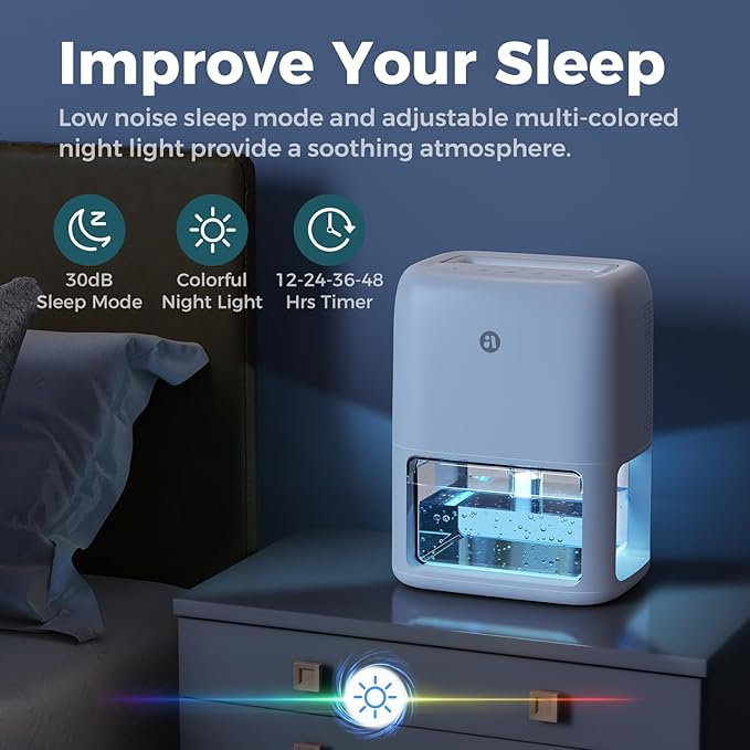60 OZ Dehumidifiers for Home, Dual-Semiconductor Quiet Dehumidifier with Timer Sleep Mode Auto-Off 7 Colors Light Portable Small Dehumidifiers for Bathroom, Cloakroom, RV - Image 5