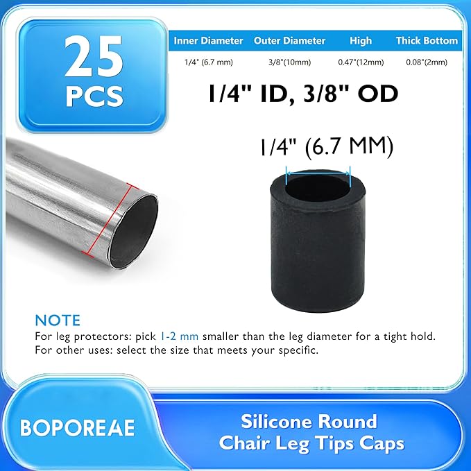 25 Pcs 1/4" (7 mm) Round Chair Leg Tips Caps, Silicone Rubber Furniture Leg Floor Protectors, Reduce Noise Folding Metal Chair Leg Cap Replacement for Bar Stool Leg Patio Indoor, Black - Image 9