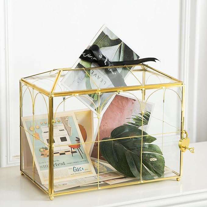Glass Wedding Card Box with Slot, 10.2'' Large Clear Card Box Gold Brass Gift Card Storage Box with Lock Perfect for Wedding Receptions, Baby Shower, Birthday Party, Bridal Shower by Unknown