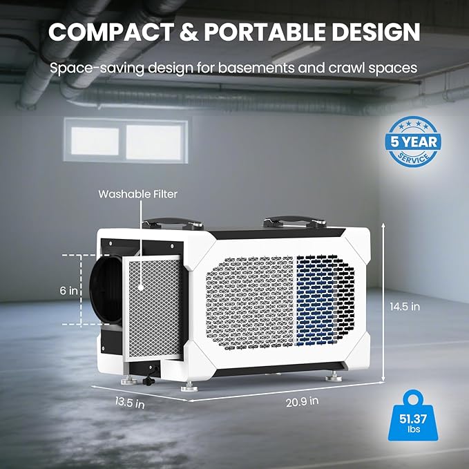 CADPXS Crawlspace Dehumidifier, 145 Pints Commercial-Grade Dehumidifier with Drain Hose for Crawl Spaces, Basements, Industrial and Water Damage Use, Large Capacity, Auto Defrost, Memory Restart, cETL - Image 9