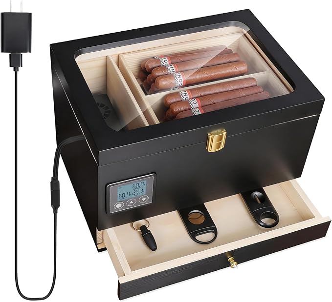 Electric Humidor Cabinet with Precision Humidity Control & Digital Display | 65-Capacity Double Cedar Shelves, Glass Top & Accessory Drawer Father's Day Gift for Men Black by Unknown
