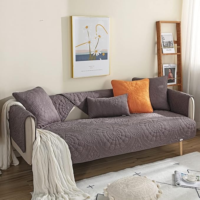 vctops Boho Circle Embroidery Couch Sofa Cover Solid Color Cotton Quilted Non-Slip Sectional Couch Covers Sofa Slipcover for Dogs, Children, Pets Furniture Protector (Dark Grey,28"x82") - Image 3