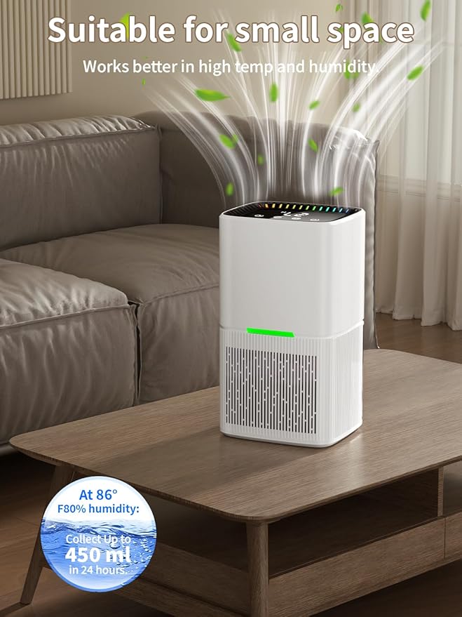 Dehumidifier, Dehumidifier for Home, 60 OZ Water Tank, 500 sq.ft Dehumidifiers for Bathroom, Bedroom, Basement with Auto Shut Off, Timer, 7 Colors LED Light (off white) - Image 3
