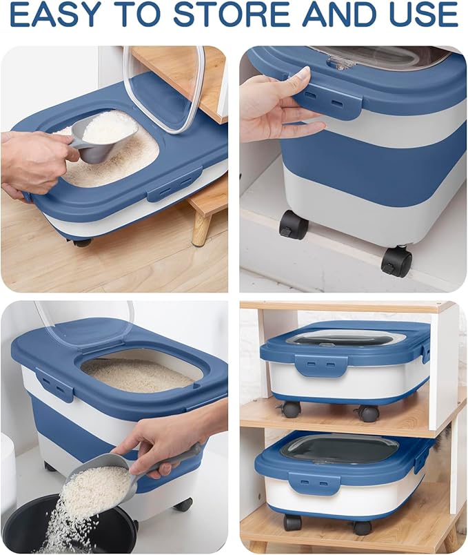 20-30 Lbs Rice Storage Container,Collapsible Food Storage Containers with Rolling Wheel Airtight Locking Lid,Flour Storage Container with Cup and Scoop,Suitable for Food,Rice,Pet Food,Flour - Image 4