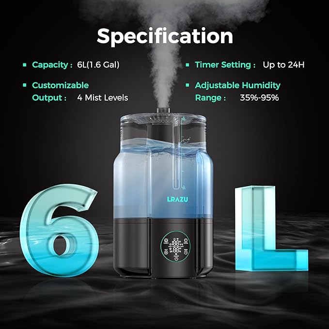 6L/1.59Gal Humidifier for Plants, Reptile Fogger Mister with Precise Temp & Humidity Probe/Expandable Hose, Smart Humidifier for Grow Tent, Mushroom, Houseplants, Reptile Tank 24H Timer - Image 5