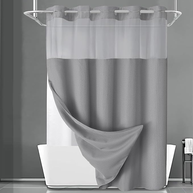 Grey Shower Curtain and Liner Set,230GSM Waffle Weave Textured Heavy Duty Hotel No Hook Shower Curtain 75" L x 72" W by Unknown