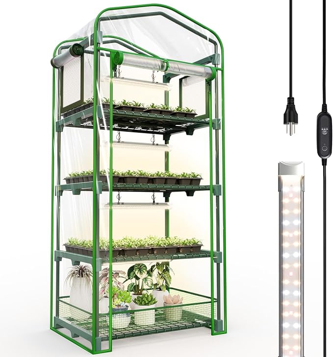 Bstrip Indoor Greenhouse with Grow Lights, PVC Tent with Waterproof Base Mat, Airflow Windows&Zippered Door, 4Pcs Grow Lights for Seed Starting with Timer, 4-Tier Greenhouse Shelf 27.2x19.3x61.8in by Bstrip