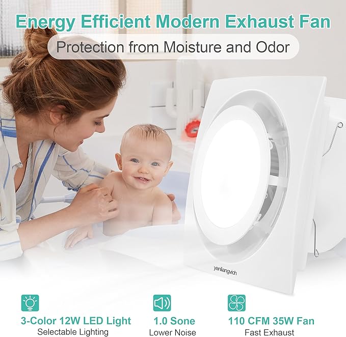 Bathroom Exhaust Fan with Light, 3000K/4500K/6000K Selectable, 110 CFM 1.0 Sones Bathroom Ventilation Fan, 8inch Exhaust Fans For Ceiling Mount with Efficient Air Circulation, Odor Elimination - Image 7