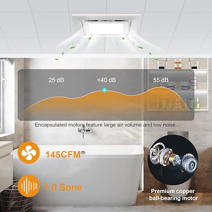 12" Bathroom Exhaust Fan with Light Ultra Quiet Ventilation Fan Combo 1.0 Sone 145CFM 10"x10" Mount (3-Color) - Image 3