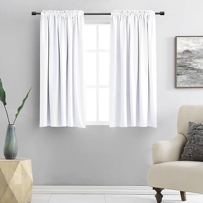 DONREN 48 Inches Long Pure White Half Blackout Curtains for Cafe Bathroom,Easy-Care Thermal Insulated Rod Pocket Room Darkening Draperies/Drapes,W 52 x L 48,2 Panels by DONREN