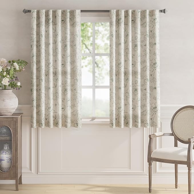 jinchan Floral Linen Curtains for Living Room 63 Inch Length Green Flower Curtain Rod Pocket Back Tab Farmhouse Curtains with Printed Floral Bedroom Window Curtain Set, 2 Panels Green - Image 2